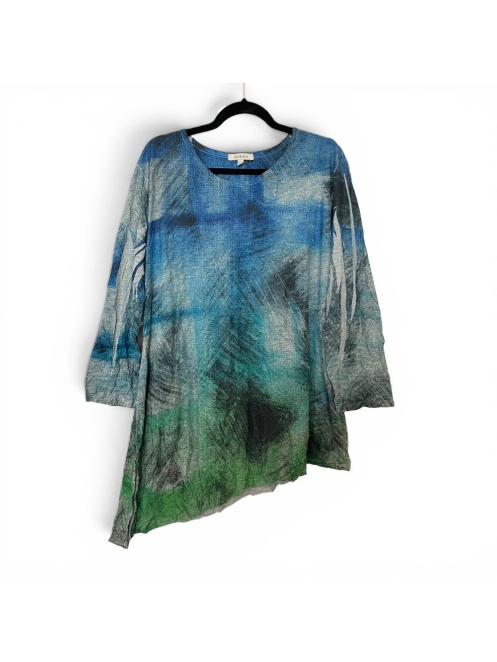 Jess & Jane XL Long Sleeve Top Blue & Green Asymmetrical Abstract Crinkle